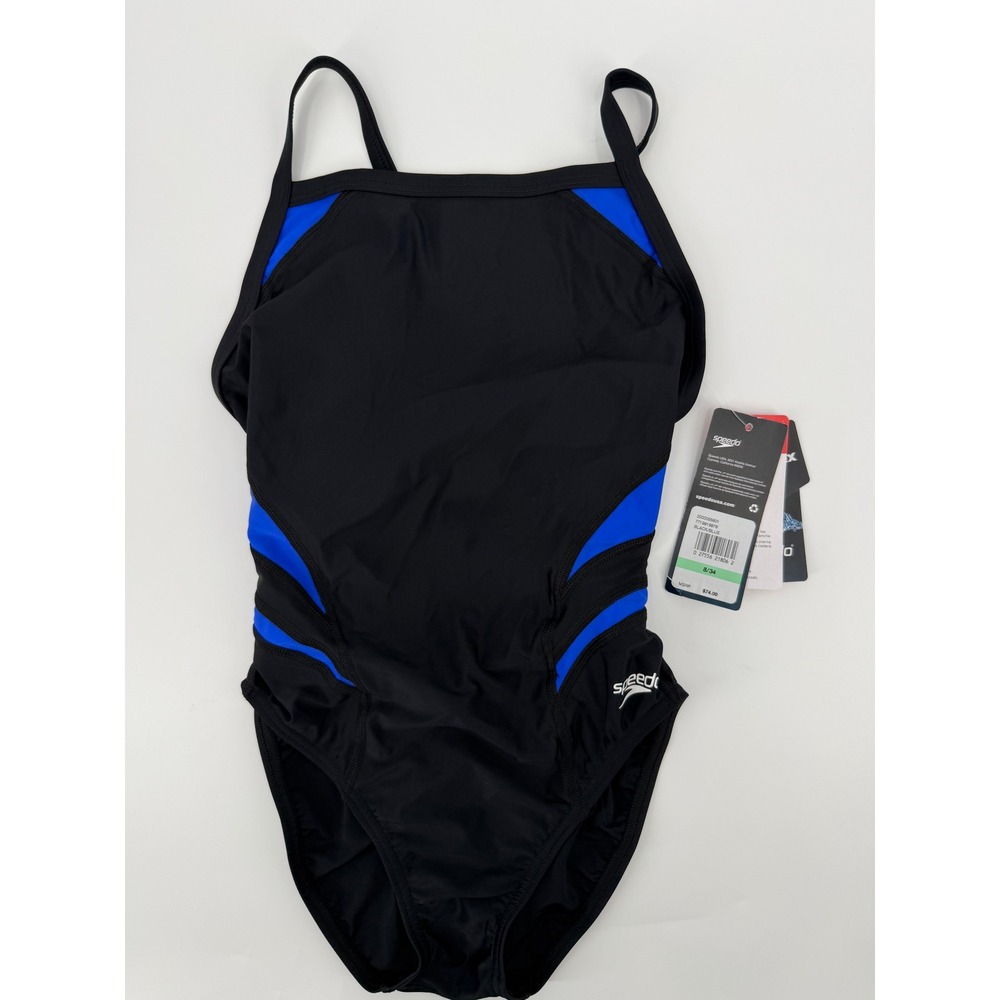 Speedo PowerFLEX Eco Flyback One Piece Swimsuit Black Blue 8/34 7719916976